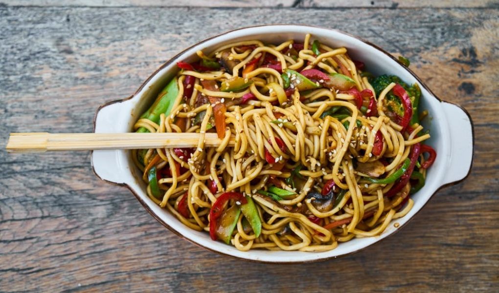 dish of spaghetti in a bowl
