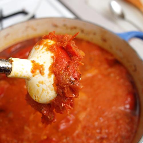 a scoop of tomato sauce from fresh tomatoes