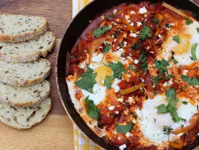 tomato poached eggs in a pot