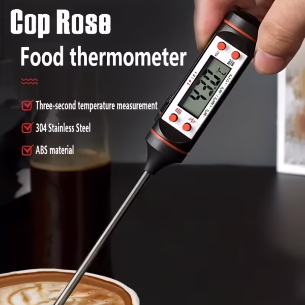 a woman dips thermometer in food