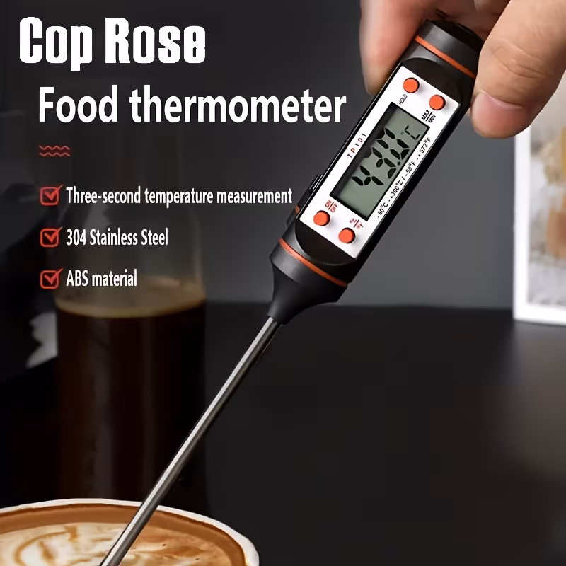 a woman dips thermometer in food