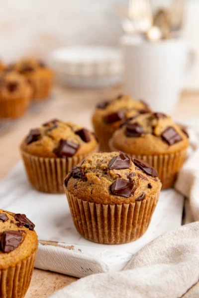 chocolate chip banana muffins recipes on a table