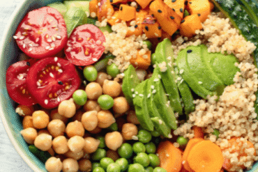 A bowl of spicy chickpea and quinoa