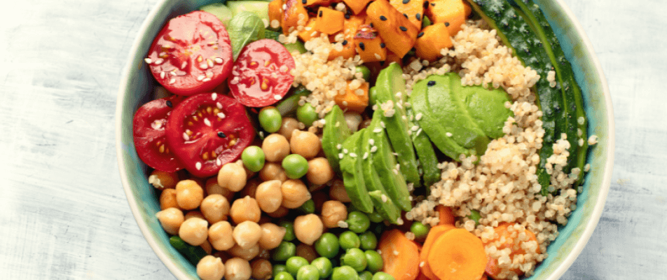 A bowl of spicy chickpea and quinoa