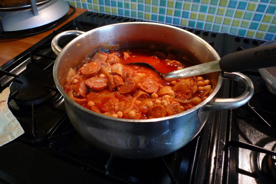 A pot of stew on a stove