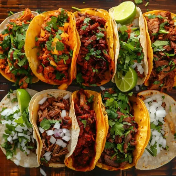 Tacos arranged in rows on a table